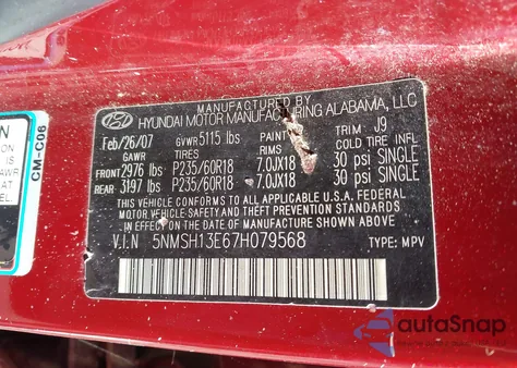 2007 Hyundai Santa Fe Limited/Se из США, поврежденный, VIN 5NMSH13E67H079568